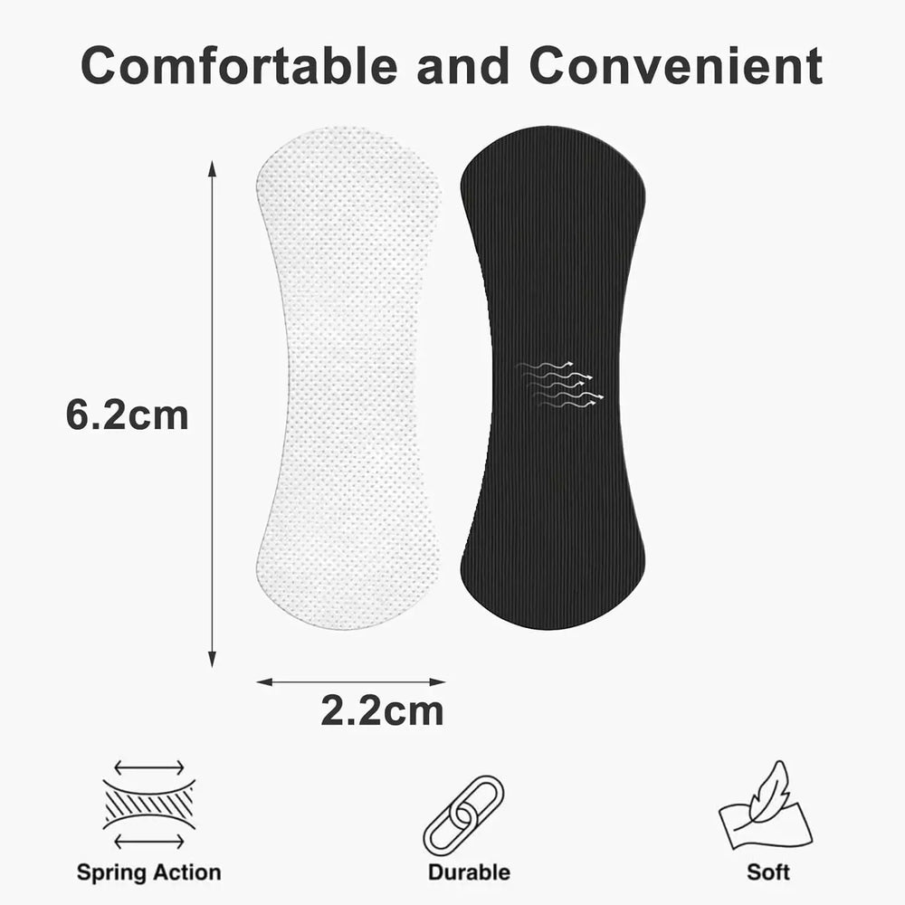 Black and white insole with measurements and features on a white background