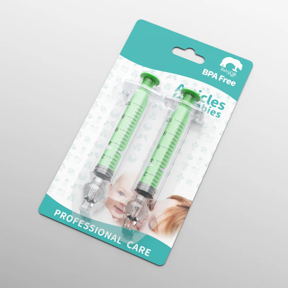 Two green syringes in packaging with 'BPA Free' label on a gray background