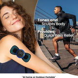 Woman with electronic device on arm and man running with text about product benefits.