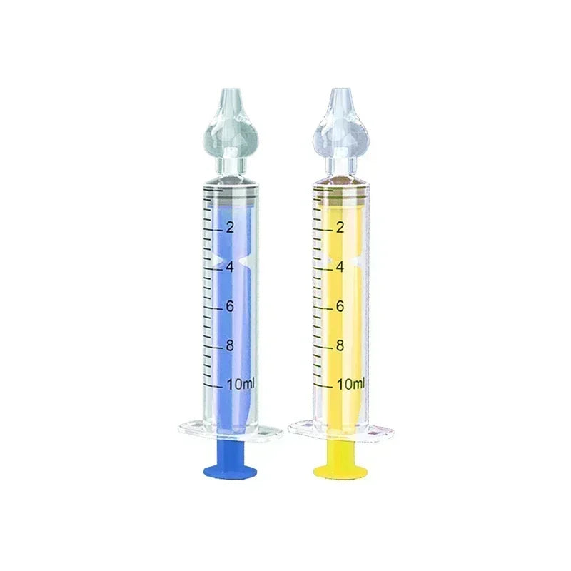 Two syringes with blue and yellow liquid, one marked with measurements on a white background.