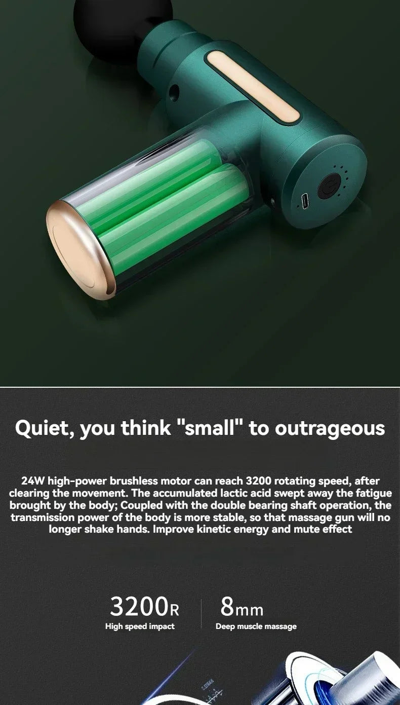 Green massage gun with text on a dark background