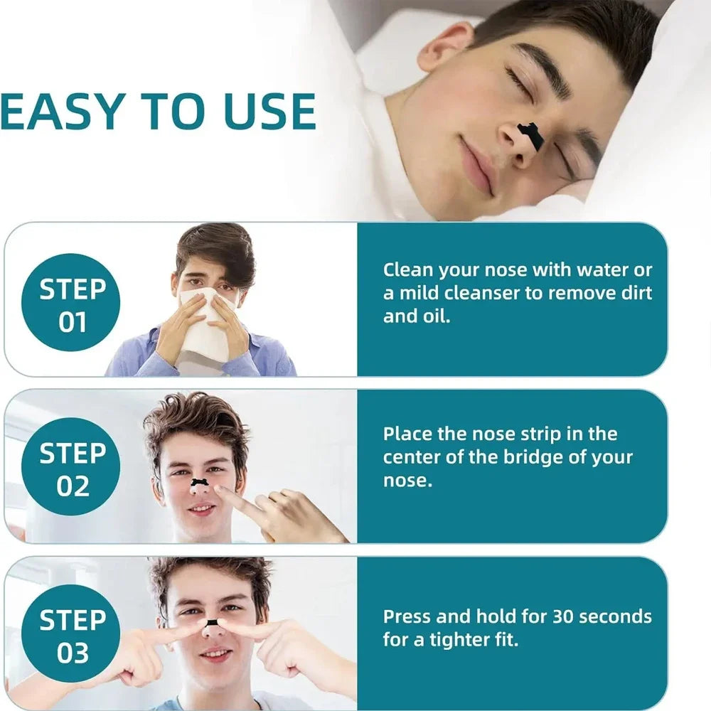 Instructions for using a nose strip with images of a person applying it, on a white background.