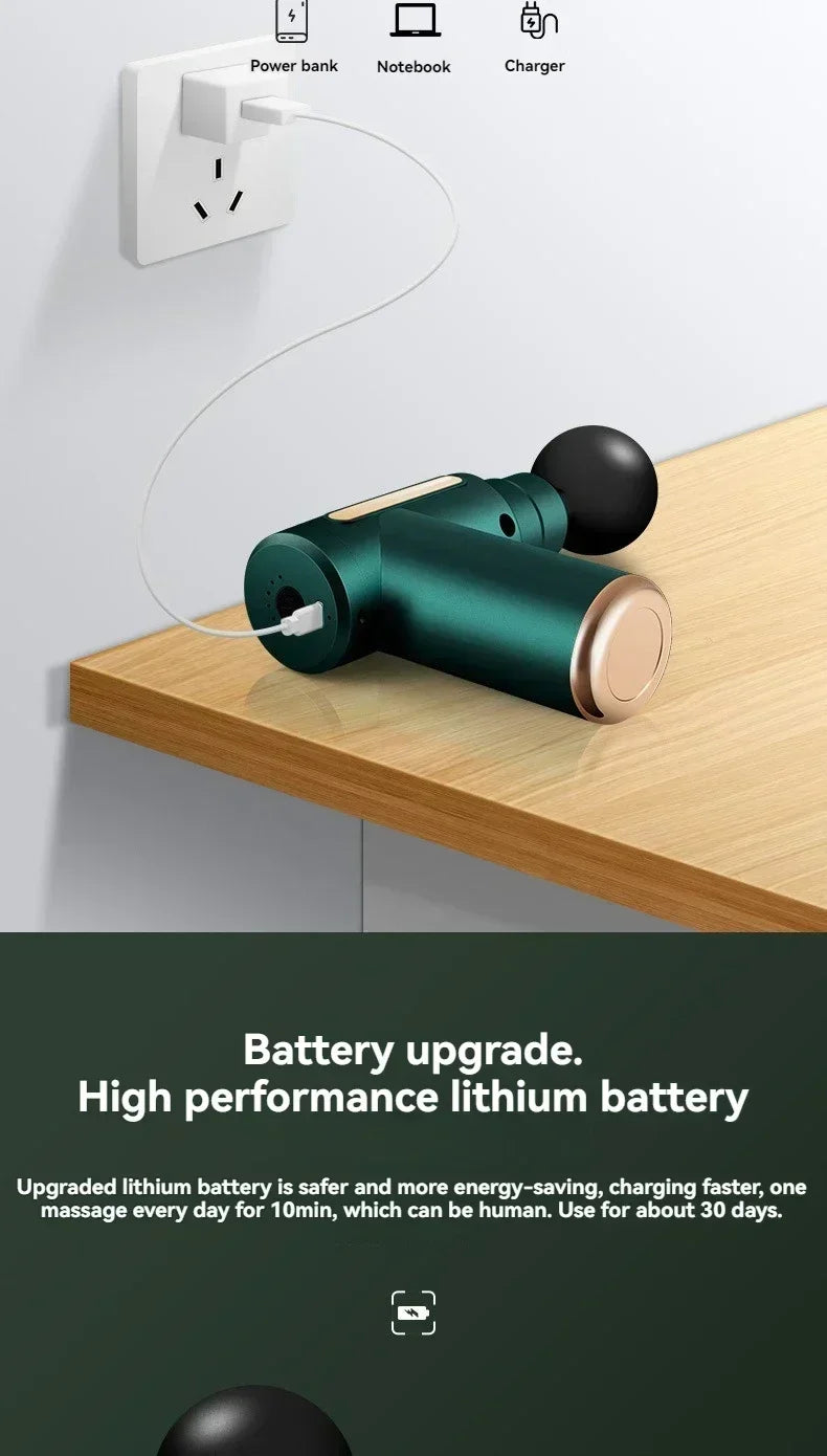 Green massage device on a wooden surface with text about battery upgrade and performance.