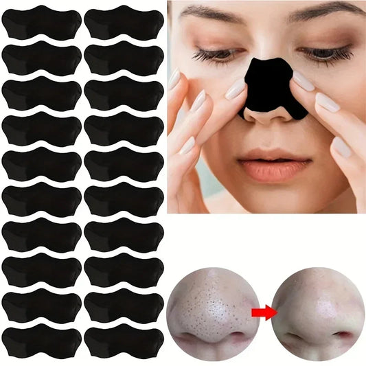 Black nose strips with a woman applying them, showing before and after effects on her nose.