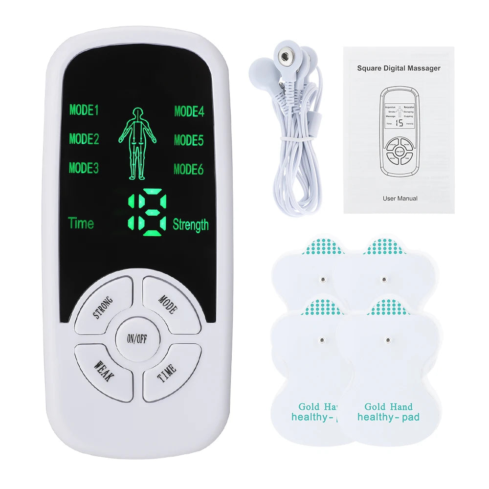 Digital massager with control panel, cables, and user manual on a white background
