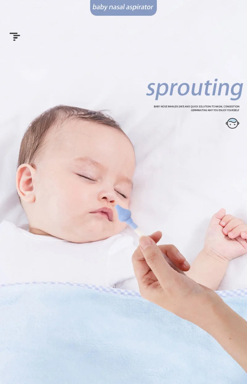Baby lying down with a nasal aspirator being used, branded as 'sprouting'.
