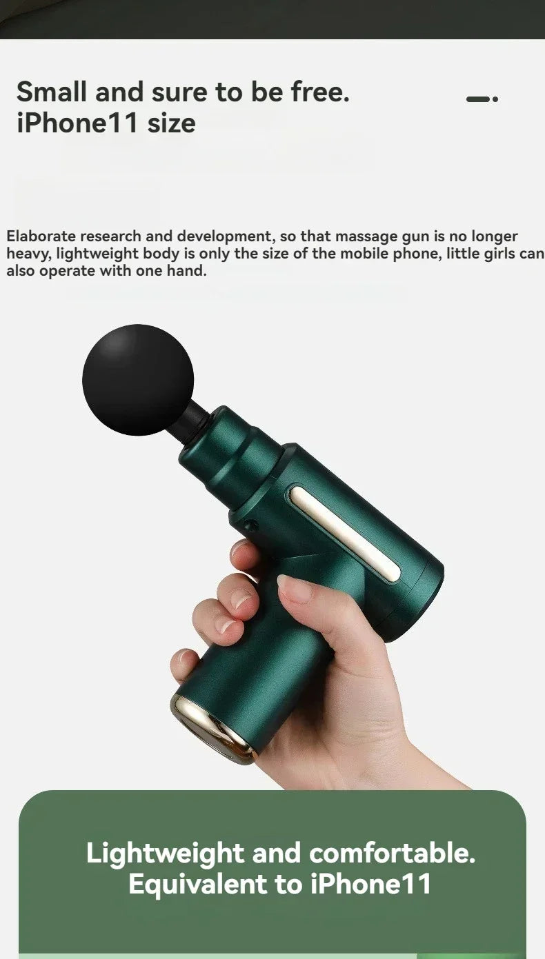 Green massage gun held in a hand with promotional text about its size and features.