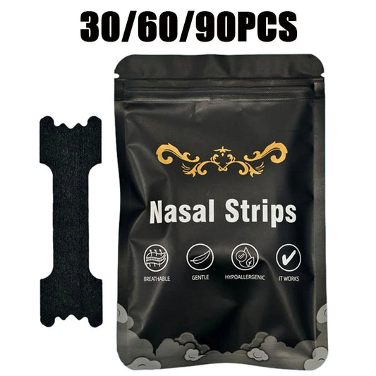 Black packaging of nasal strips with decorative elements and a tool on a white background