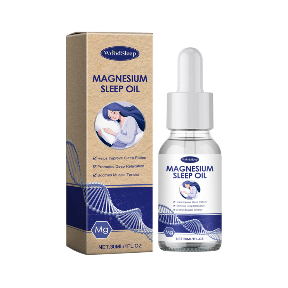 WoodSleep Magnesium Sleep Oil packaging and dropper bottle on a white background